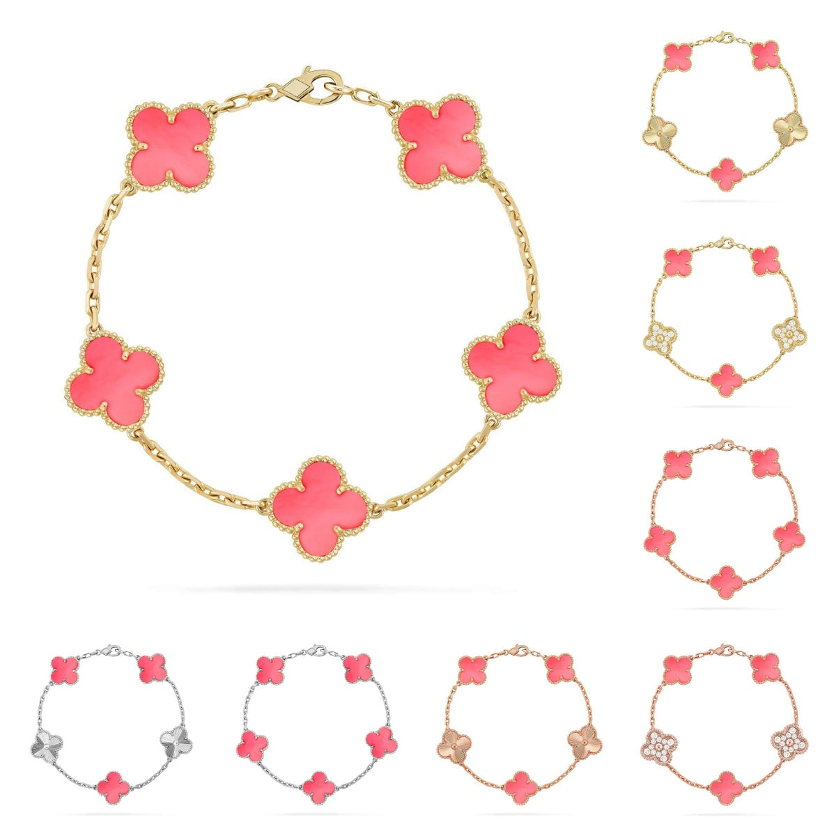 [Elara]LUCKY CLOVER 5-MOTIF BRACELET - ROSAFARBENDE PERLMUTT-KOLLEKTION