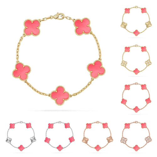 [Elara]LUCKY CLOVER 5-MOTIF BRACELET - ROSAFARBENDE PERLMUTT-KOLLEKTION