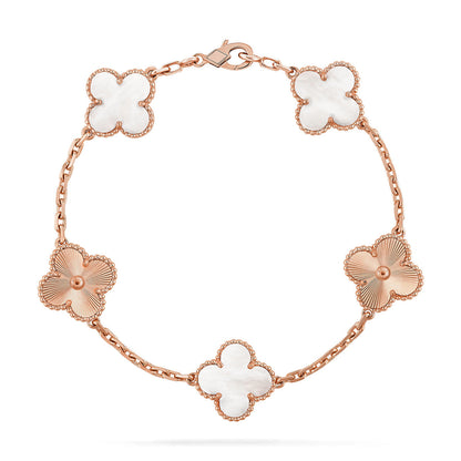 [Elara]LUCKY CLOVER 5-MOTIF-ARMBAND - WEISSE PERLMUTTKOLLEKTION