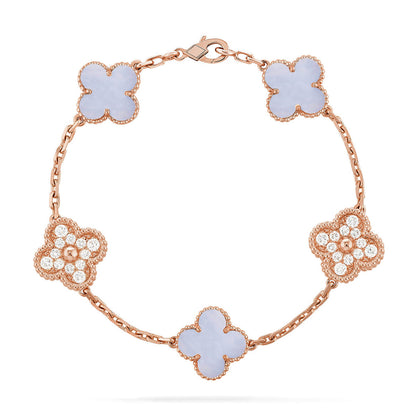 [Elara]LUCKY CLOVER 5-MOTIF BRACELET - PURPLE CHALCEDONY COLLECTION
