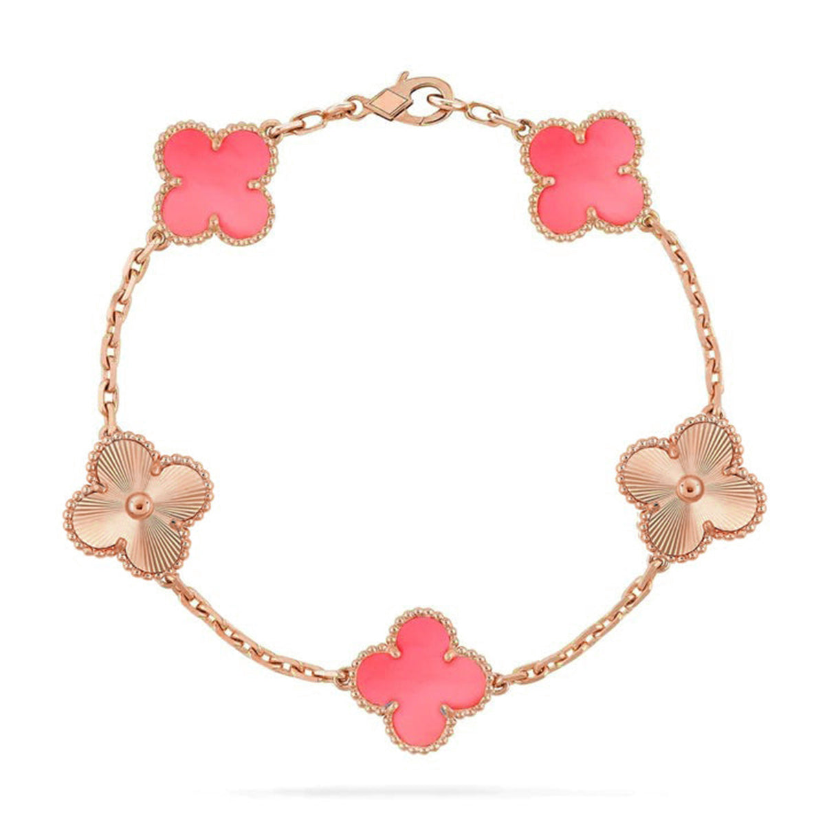 [Elara]LUCKY CLOVER 5-MOTIF BRACELET - ROSAFARBENDE PERLMUTT-KOLLEKTION
