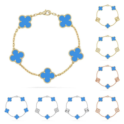 [Elara]LUCKY CLOVER 5-MOTIF BRACELET - BLUE AGATE COLLECTION