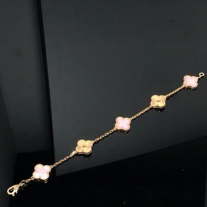 [Elara]LUCKY CLOVER 5-MOTIF BRACELET - ROSAFARBENDE PERLMUTT-KOLLEKTION